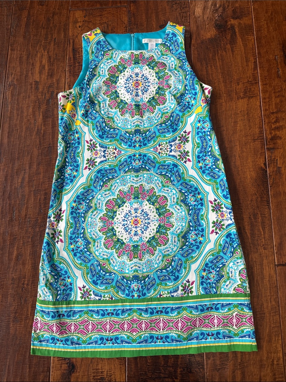 London Times Petite Maeve Shift Dress Blue, Green & Pink Medallion